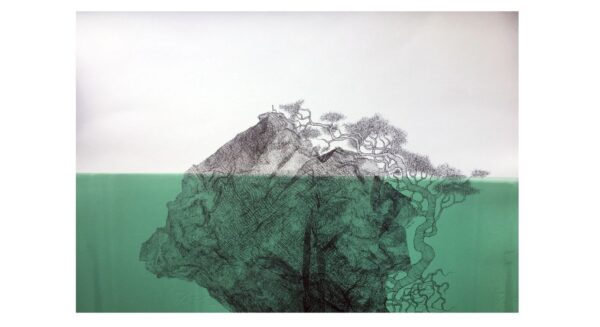 Chair and Tree in islands of ink. Submerged in green sea